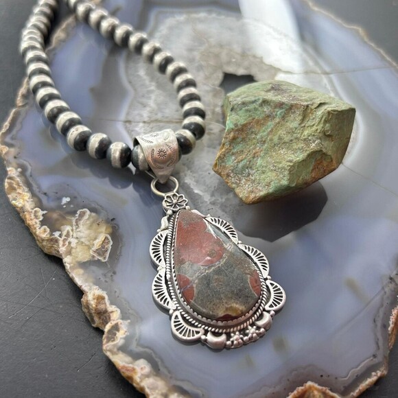 Sterling Silver Southwestern Style Teardrop Peanut Obsidian Pendant For Women - Picture 4 of 10